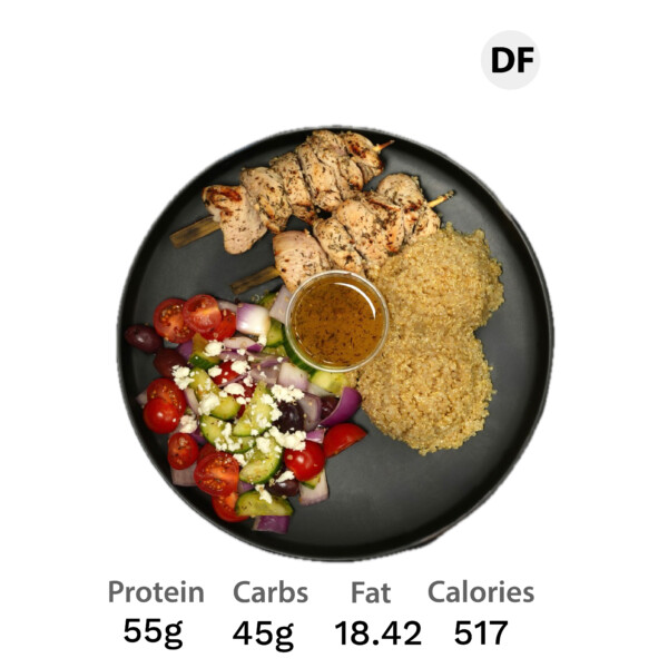 Chicken Souvlaki Kebabs with Greek Salad and Quinoa
