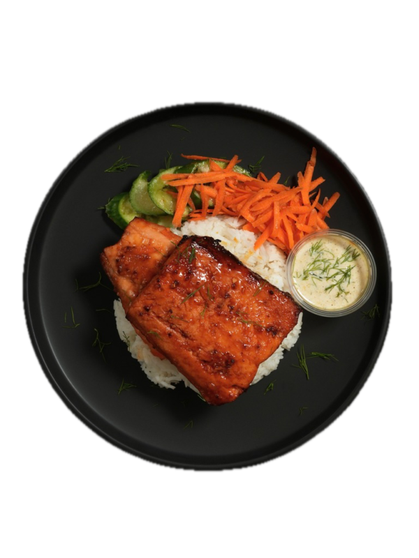 Honey Glazed Salmon with Cucumbers, Shredded Carrots, and Basmati  Rice